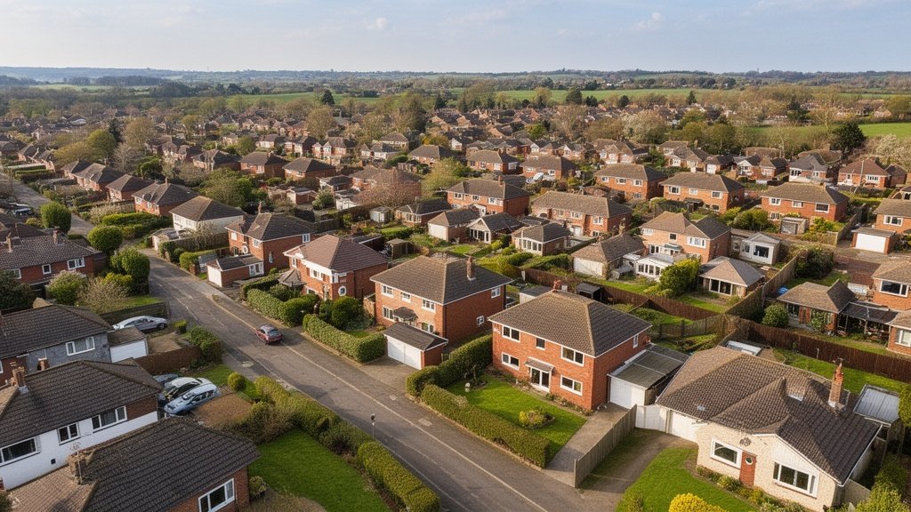 Aerial view of Coventry and surrounding Midlands residential areas showing diverse property types