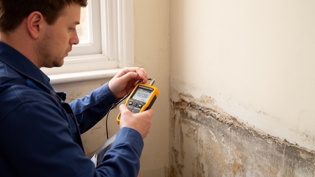 Professional surveyor using moisture meter to measure damp on interior wall of Coventry property