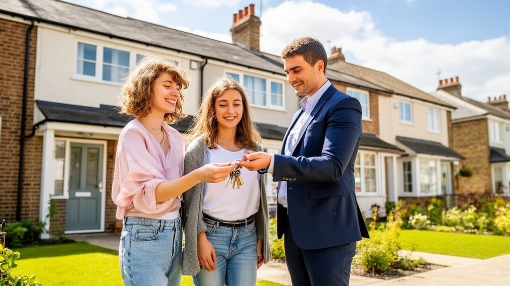 Happy British first-time buyer couple receiving house keys outside a new property on a sunny UK street