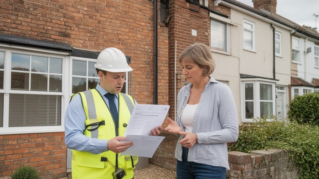 Surveyor discussing party wall agreement with homeowners outside adjoining terraced properties in Coventry