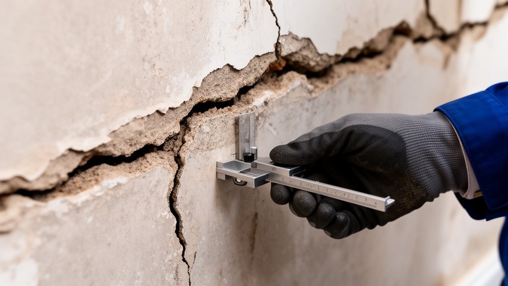 Close-up of structural wall crack in a British property being measured with a crack gauge by a surveyor