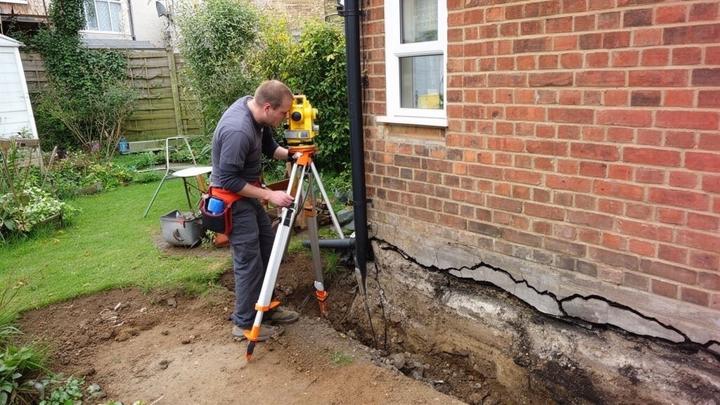 Professional surveyor inspecting foundation and subsidence damage in a British residential property garden
