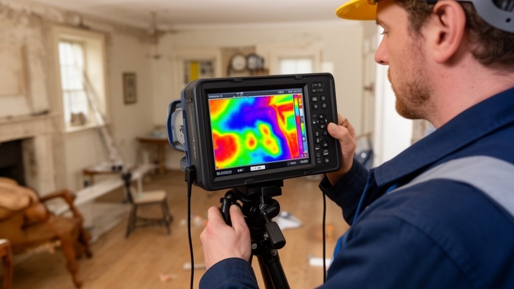 Surveyor using thermal imaging camera to detect heat loss in a Coventry property