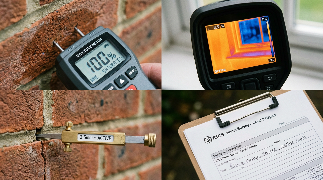 Professional surveyor's tools including moisture meter, thermal imaging camera and survey report on clipboard